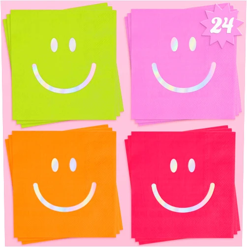 xo, Fetti Smile Party Napkins, 3-ply, 24 pcs - Happy Rainbow Birthday Party Decorations, Cute Bachelorette Party, Cool Cocktail Napkins