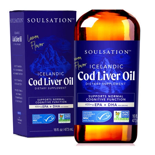 SOULSATION Icelandic Cod Liver Oil Liquid, Lemon (16oz) - Vitamins A & D, EPA & DHA - Helps Vision, Skin Membranes & Immune Function - MSC Certified, Non-GMO