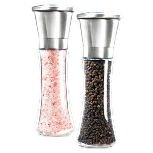 LEVAV Premium Salt and Pepper Grinder Set of 2- Brushed Stainless Steel Pepper Mill and Salt Mil, Glass Body, Size Grade adjustable ceramic rotor-salt and pepper shakers (tall)