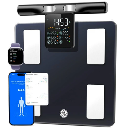 GE Smart Scale for Body Weight: 8-Electrode Body Pod Fat Monitor with Full Body Composition Analysis, Bluetooth App Sync, Large Handle Display, 400lb Capacity Bathroom Scale for Home & Gym, Black