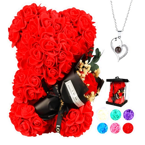 K KYMAKE Valentines Day Gifts for Her, Valentines Day Rose Bear, Rose Teddy Bear, Gifts for Women, Valentines Day Gifts for Kids, Birthday, I Love You Necklace in 100 Languages(Rose Red)