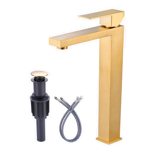 ARCORA Vessel Sink Faucet Brushed Gold, Single Handle Tall Bathroom Faucet, Single Hole Lavatory Vanity Mixer Bar Tap with Pop Up Drain and Supply Lines