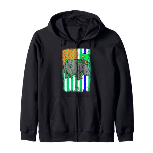 St Patty's Cop Shop Hippo Leprechaun Irish USA Police Flag Cop St Patricks Day Zip Hoodie