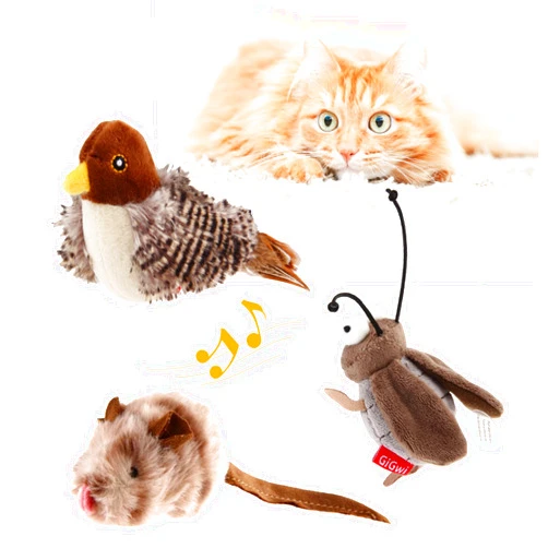 Gigwi Interactive Cat Toy Set, Squeaky Cat Feather Toys for Indoor Cats, 3PCS Cat Plush Toy Pack Including Mouse Hunt Cat Toy, Cat Chase Bird Toy, Cat Chirping Cricket Toy