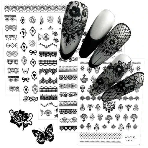 EBANKU 9 Sheets Lace Nail Art Stickers, Black Lace Flower Design 3D Self-Adhesive Nail Sticker Decal for Women Girls DIY Nail Art Decoration
