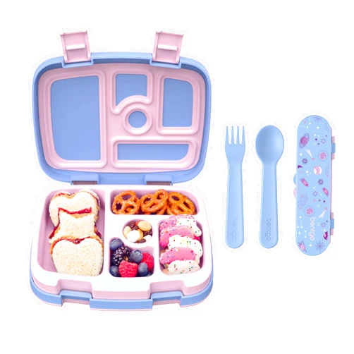 Bentgo® Kids Prints 5-Compartment Bento-Style Kids Lunch Box Set with Reusable Plastic Utensils (Lavender Galaxy)