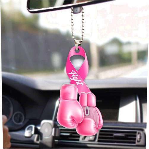 Talataca Breast Cancer Awareness Pink Fight Ribbon Survivor Girl Women 2D Flat Car Rear View Mirror Accessories Christmas Tree Ornament Decoration Hanging Charm Interior Rearview Pendant Decor Gift