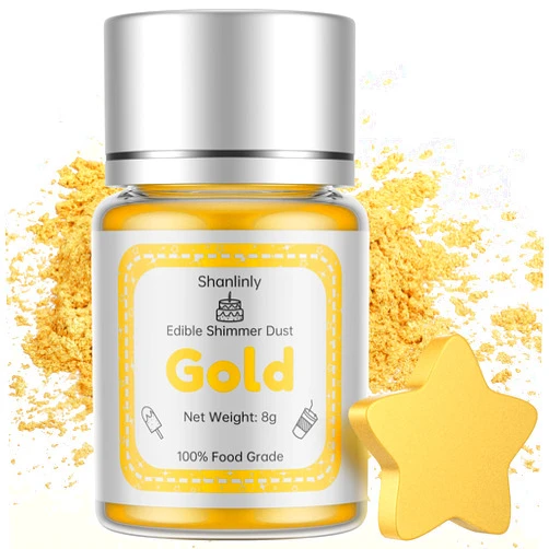Shanlinly Gold Luster Dust Edible - 8 Grams Food Grade Edible Gold Paint Shimmer Cake Dust, Metallic Drinks Glitter Food Coloring Powder for Cake Decorating, Desserts, Chocolates, Kosher | Vegan