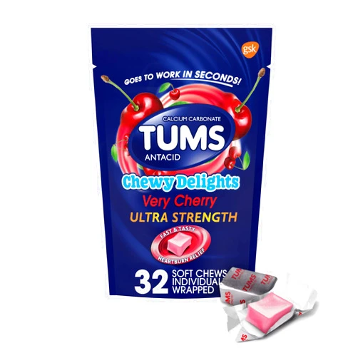 TUMS Chewy Delights Ultra Strength Antacid Soft Chews for Chewable Heartburn Relief and Acid Indigestion Relief, Very Cherry - 32 Count