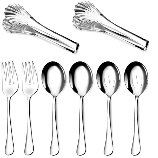 KOLEEP Stainless Steel Serving Utensil Set, 8-Piece, Includes Serving Spoons, Forks, Tongs and Soup Ladle