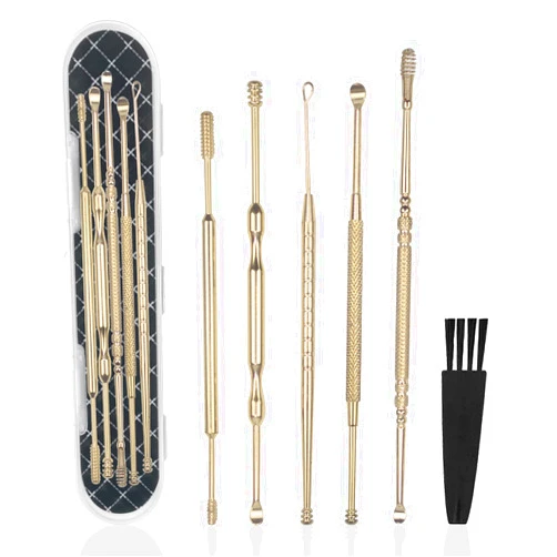 Hion 6 Pcs Ear Wax Removal Kit,Professional Double-Headed Ear Pick Earwax Removal Tools,316L Stainless Steel Ear Cleaner Curette with Cleaning Brush and Storage Box,Suit for Kid Adult(Gold)