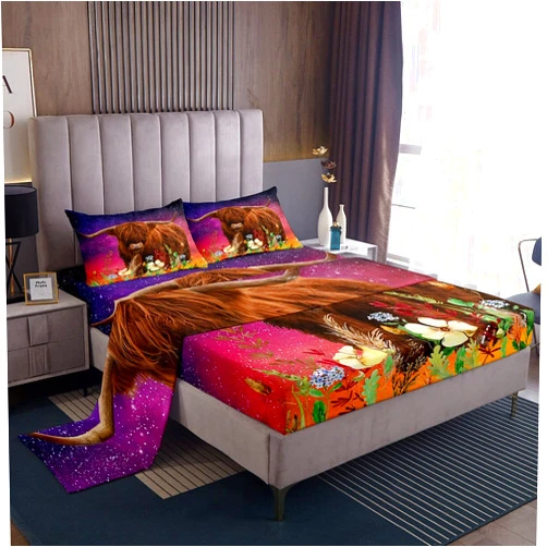 Feelyou Highland Cow Bed Sheet Set Highland Cattle Bedding Set 3D Printed Space Fitted Sheet Galaxy and Flowers Flat Sheet for Kids Boys Girls Adults 3Pcs with 1 Pillow Case Twin Size