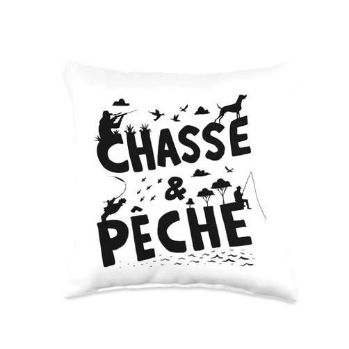 Great French TV Fishing Hunting Art Quote Design Chasse & Pêche French Fishing Hunting Quote Design Throw Pillow, 16x16, Multicolor