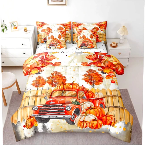 Erosebridal Thanksgiving Pumpkin Queen Size Comforter Sets - Bedding Sets 7 Pieces,Red Truck Bed in a Bag Autumn Harvest Farmhouse Fall Leaves Bed Sets with Comforter,Sheets,Pillowcases & Shams