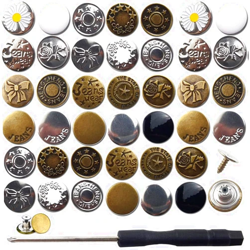 RONYOUNG 100PCS Multicolored 17mm Zinc Alloy Jean Button Extender Replacement Buttons with Screwdriver, No-Sew Instant Metal Buttons for Loose Jeans, Tighten or Extend Waist