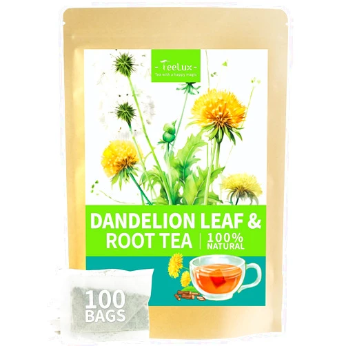 TeeLux Dandelion Leaf & Root Tea Bags, Natural Roasted Dandelion Root with Fresh Dandelion Leaf Herbal Tea, Caffeine Free, 100 Count