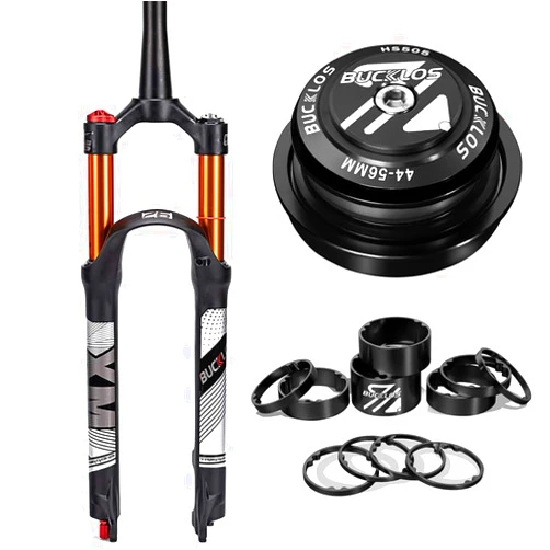 BUCKLOS 29inch MTB QR Tapered Crown Air Damping Suspesion Fork & 44-56mm Black Headset & 11PCS Aluminium Alloy Spacers Black