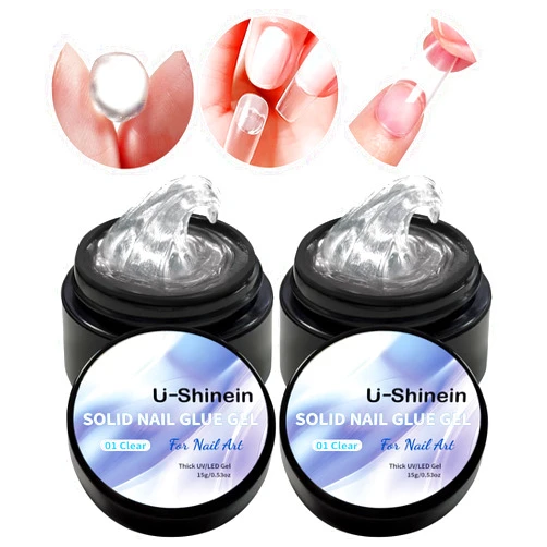 U-Shinein 2x15ml Solid Nail Gel Glue, Clear Acrylic False Nail Tips Solid Glue Gel for Press on Nails, Soft Gel Nail Tips Glue, Non-Stick Hands 3D Carving Gel UV LED Nail Gel for Nail Art DIY Manicure