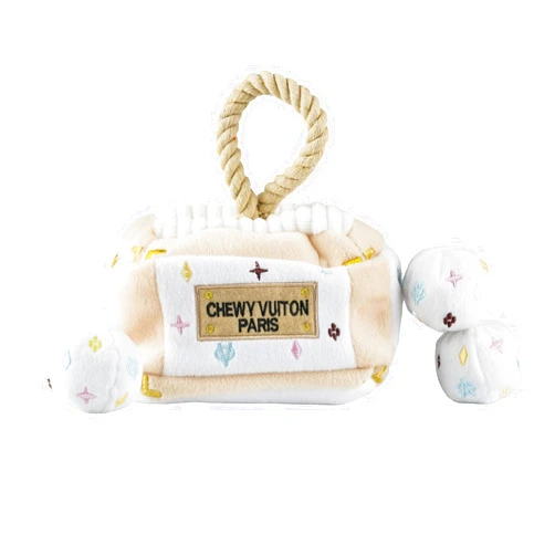 Haute Diggity Dog White Chewy Vuiton Trunk Activity House, Plush Designer Dog Toys with Interactive Squeaker, Stimulating Pet Enrichment, Machine-Washable & Safe Materials for All Breeds, One Size