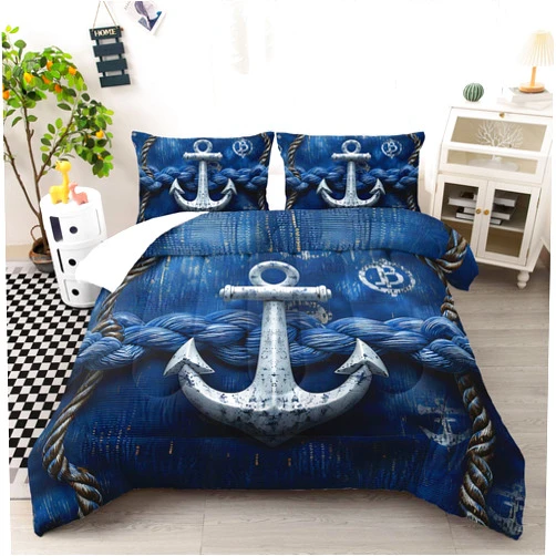 Ntlfup Nautical Anchor Rope Comforter Set Full Size, Navigation Themed Blue Bedding Set, Room Decor Quilt with 2 Pillowcases