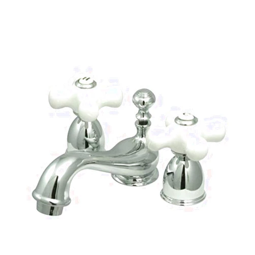 Kingston Brass KS3951PX Restoration Mini Widespread Lavatory Faucet with Porcelain Cross Handle, Polished Chrome,4-Inch Adjustable Center