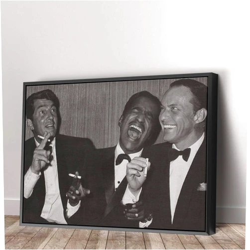 Amk Wood Dean Martin, Sammy Davis Jr. And Frank Sinatra Laughing - Canvas Wall Art Home Decor - Various Size (18in x 12in Modern Black Framed)