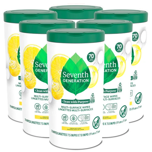 Seventh Generation Multi Surface Wipes All Purpose Cleaning Lemon Zest scent with 100% Essential Oils and Botanical Ingredients 70 count, Pack of 6