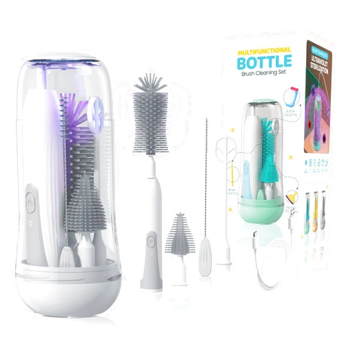 IvyWind Electric Travel Baby Bottle Brush Set with Storage Box, Automatic Bottle Cleaner Brush Kit with Silicone Bottle/Nipple/Straw Brush, Milk Frother Electric and Drainage Rack, Rechargeable, Gray