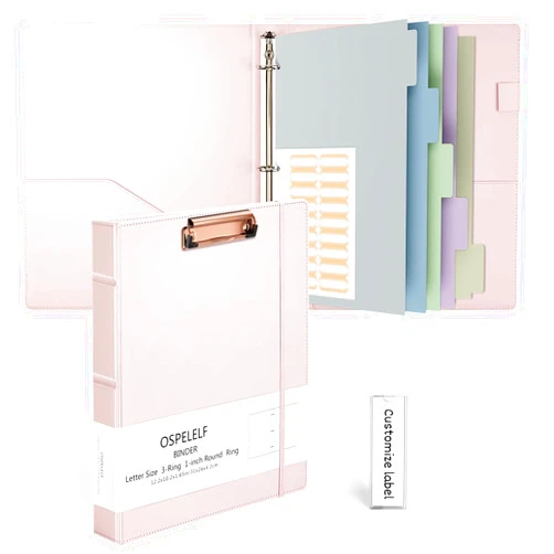 Ospelelf 3 Ring Binder with Clipboard 1 Inch Leather Binder for Letter Size (8.5