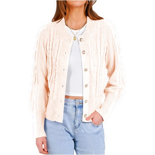 ANRABESS Women Long Sleeve Cable Knit Button Down Open Front Cropped Cardigan Sweater Coat Cute Soft 2024 Fall Outwear