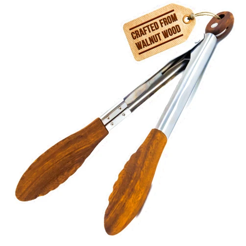 Boxiki Kitchen Tongs for Cooking with Wooden Tips - Nonstick Cooking Tongs & Salad Tongs for Serving Food, Grilling, Cooking, BBQ and Tossing Salad - Made of Natural Walnut Wood, Size 12-inch