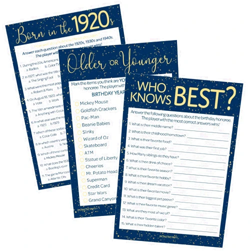 DISTINCTIVS Navy Blue and Gold 100th Birthday Game Bundle - Set of 3 Birthday Party Games for 20 Guests, Born in The 1920s Theme