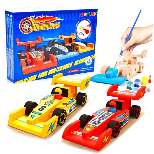 Atoylink DIY Wooden Cars Crafts for Kids Easy Assemble & Paint Your Own Race Cars 3 Pack Model Car Kits Woodworking Arts and Crafts for Boys Girls Gifts