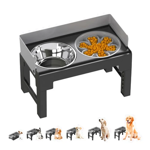 PAKEWAY Elevated Dog Bowls, Spill Proof, Tiltable Dog Feeder with 1 Stainless Steel Bowls &1 Slow Feeder Dog Bowls, 6 Height Adjustable Raised Dog Bowls Stand for Medium Large Dogs