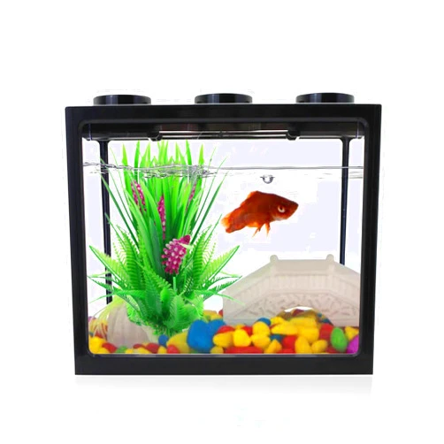 WishLotus Small Fish Tank, Durable and Simple Building Block Betta Aquarium with Exhaust Holes Detachable and Stackable Square Mini Fish Tank for Shrimp, Betta, Small Crab Habitats (Black, A)
