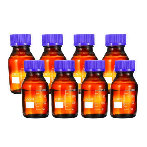 PATIKIL 8 Pack Reagent Media Storage Bottles, 250ml Borosilicate Glass Graduated Round Bottles with GL45 Blue Screw Cap for Lab Water Reagent Liquids, Brown