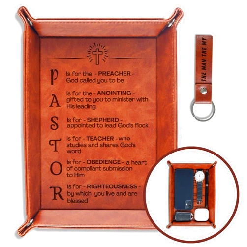 INNObeta Pastor Appreciation Gifts Valet Tray, Desktop Storage Organizer PU Leather Bedside Tray Key Coin Holder for Pastor, Perfect for Appreciation Day, Birthday, Christmas