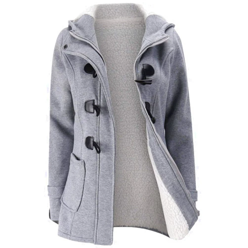 JiangWu Womens Fashion Horn Button Fleece Thicken Coat with Hood Winter Warm Jacket