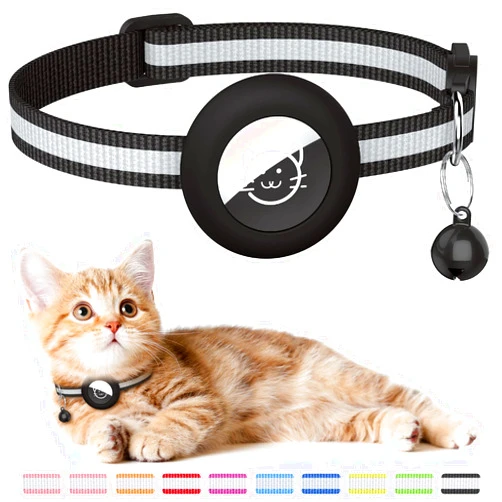 Hoeraonr 1Pack Airtag Cat Collar, Reflective Apple Airtag Cat Collar Holder with Bell, Silicone Waterproof Airtag Case Beautiful Cat Collar for Kitten Puppy Compatible (Black)