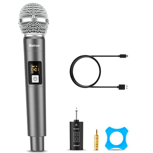 Bietrun Wireless Microphone, UHF Single Handheld Cordless Dynamic Metal Mic Set with Rechargeable Receiver, 1/4'' Plug Output, for Karaoke, Church, Wedding, Party Singing(98 ft Range)(Auto Connect)