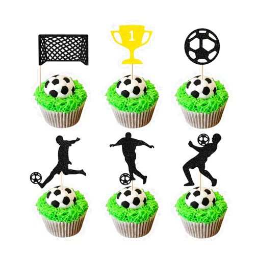 Wishforsweet 24PCS Soccer Cupcake Toppers, Glitter Play Soccer Cake Topper World Cup Soccer Figures Goal for Sports Football Theme Party Birthday Party Baby Shower Decor Decorations Cupcake Picks