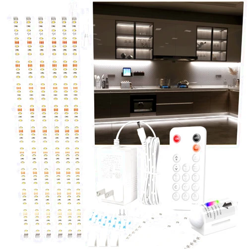 Kintion Light Motion Sensor LED Strip Lights, 9.8FT Under Cabinet Lighting Flexible LED Light with RF Remote Kit, for Kitchen Cabinet, Under Bed, Display Case, Closet, Stairs, Shelf, Aisle, 6000K