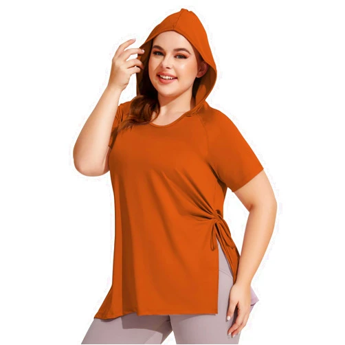 JBT Plus Size Workout Tops Short Sleeve Yoga T Shirt Top Hoodies for Women Running Lightweight Sweatshirts with Drawstring