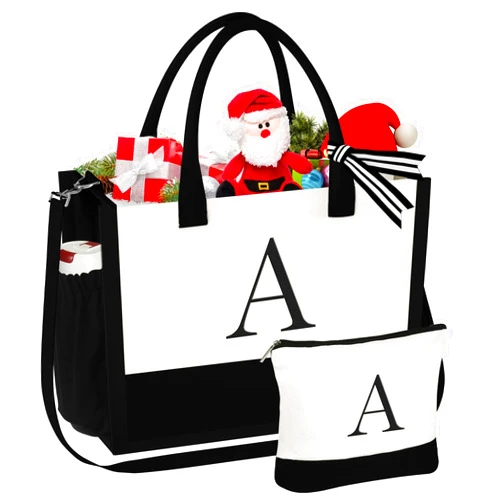 YOOLIFE Christmas Gifts for Women - Initial Canvas Tote Bag & Makeup Bag, Birthday Gifts for Women Her Mom Teacher Friend