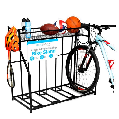 BIRDROCK HOME Bike Rack Garage Storage Floor Stand - Freestanding Organizer for Outdoor Yard - Upright Wall Mount for Scooters, Rakes, Motorcycles, Hoverboards, Gloves - Holds 4 Bicycle - Black