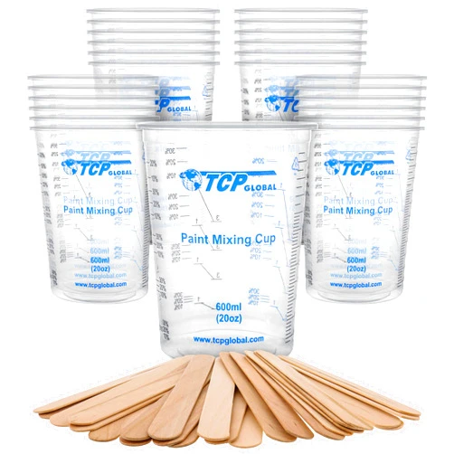 TCP Global 20 Ounce (600ml) Disposable Flexible Clear Graduated Plastic Mixing Cups - Box of 25 Cups & 25 Mixing Sticks - Use for Paint, Resin, Epoxy, Art, Kitchen - Measuring Ratios 2-1, 3-1, 4-1, ML