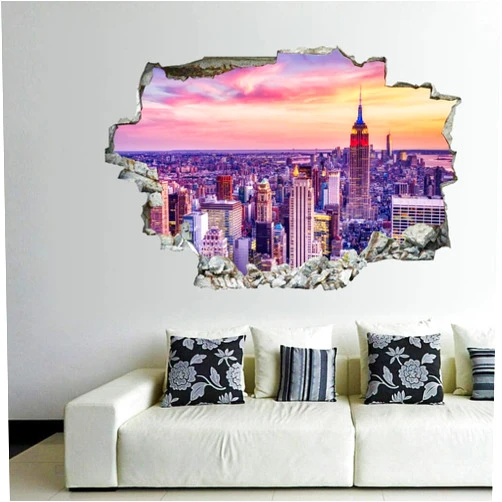 HIGOSS 3D Self-adesive Removable Break Through The Wall Vinyl Wall Stickers/Murals Art Decals Stickers Midtown, New York City 24 x 16 Inch Wall Decor for Kids, Made in USA