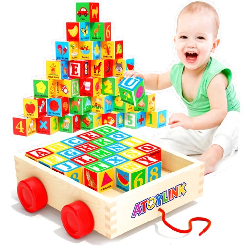 Atoylink 30 Pcs Wooden ABC Building Blocks for Toddlers, Alphabet & Number X-Large Stacking Toys with Storage Pull Toy Car Learning & Education Montessori Toys for Boys Girls Gifts