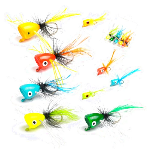 Lernbac 9 pcs Fly Fishing Popper Lures Kit, 2 Sizes Topwater Fishing Lures for Bass Panfish Bluegill Crappie for Freshwater and Saltwater, Gifts for Fishing