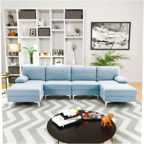 Divano Roma Furniture Modern, Boucle Fabric Convertible U Shaped 6 Seat Modular Sectionals Sofa, Couch for Living Room, Large, Blue